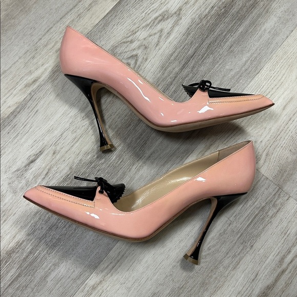 Manolo Blahnik Pink & Black Patent Leather Bow Pumps | Rare Grafa-Line Colorway - Picture 7 of 14